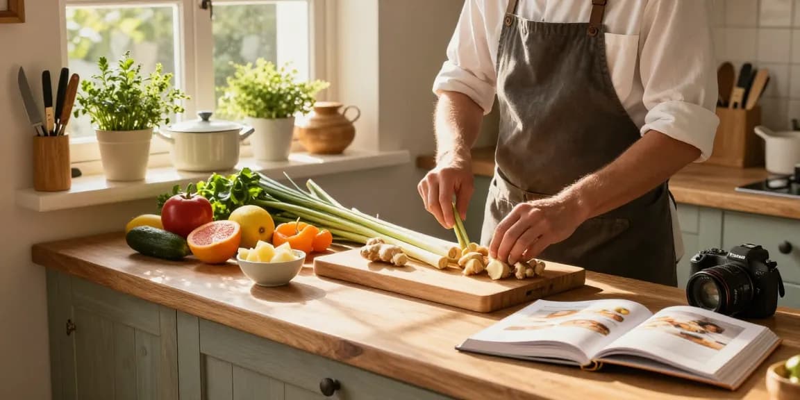 Cooking with fresh ingredients like ginger and lemongrass, promoting healthy meals and เว็บสล็อต inspiration.