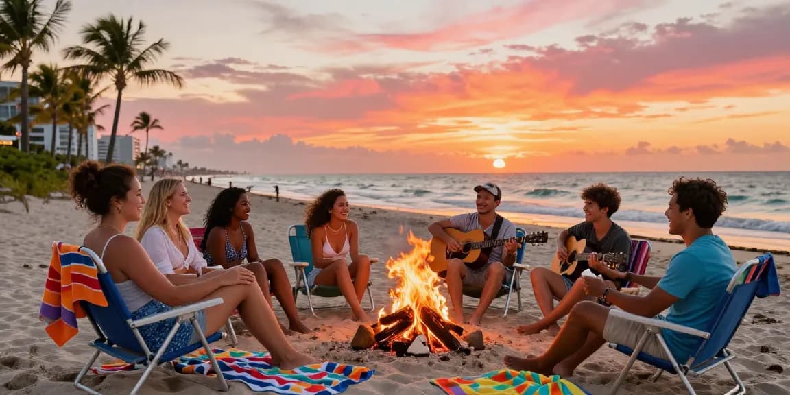 sekelompok teman menikmati kebersamaan di https://miami4d.com/ dengan bonfire di pantai Miami saat matahari terbenam