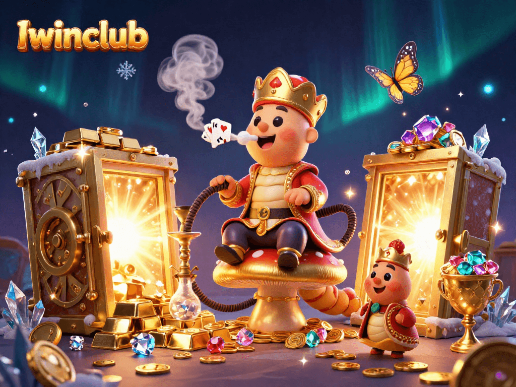 Iwinclub showcases a captivating 3D casino scene featuring vibrant characters and sparkling gems.