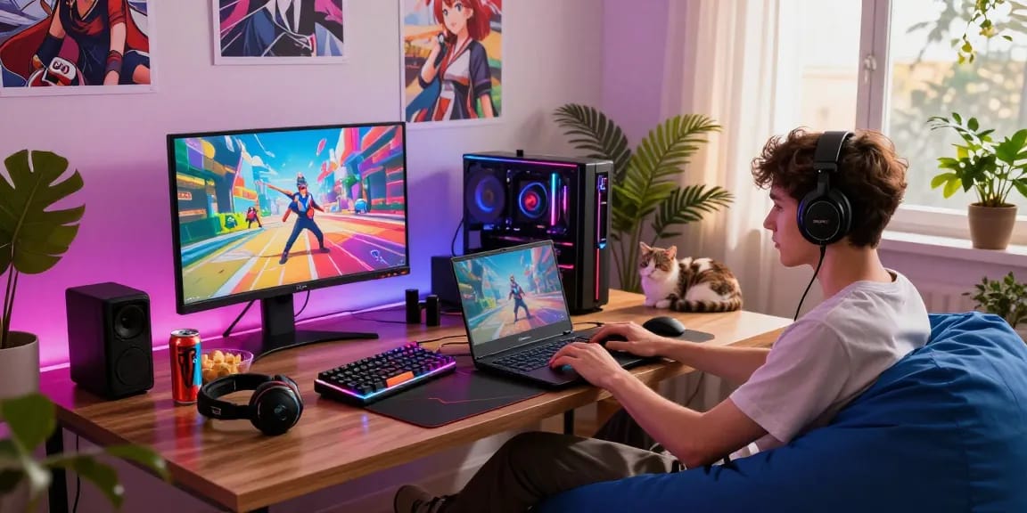 Engaged gamer playing hentai games on an RGB-lit laptop in a colorful gaming room