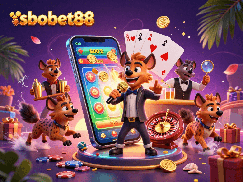 SBOBET88 showcases exciting sports betting in a dynamic scene with vibrant casino elements.