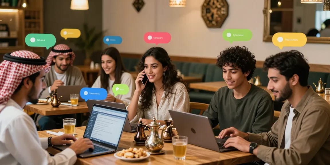 Engaging شات عربي conversation in a lively café setting with diverse friends.