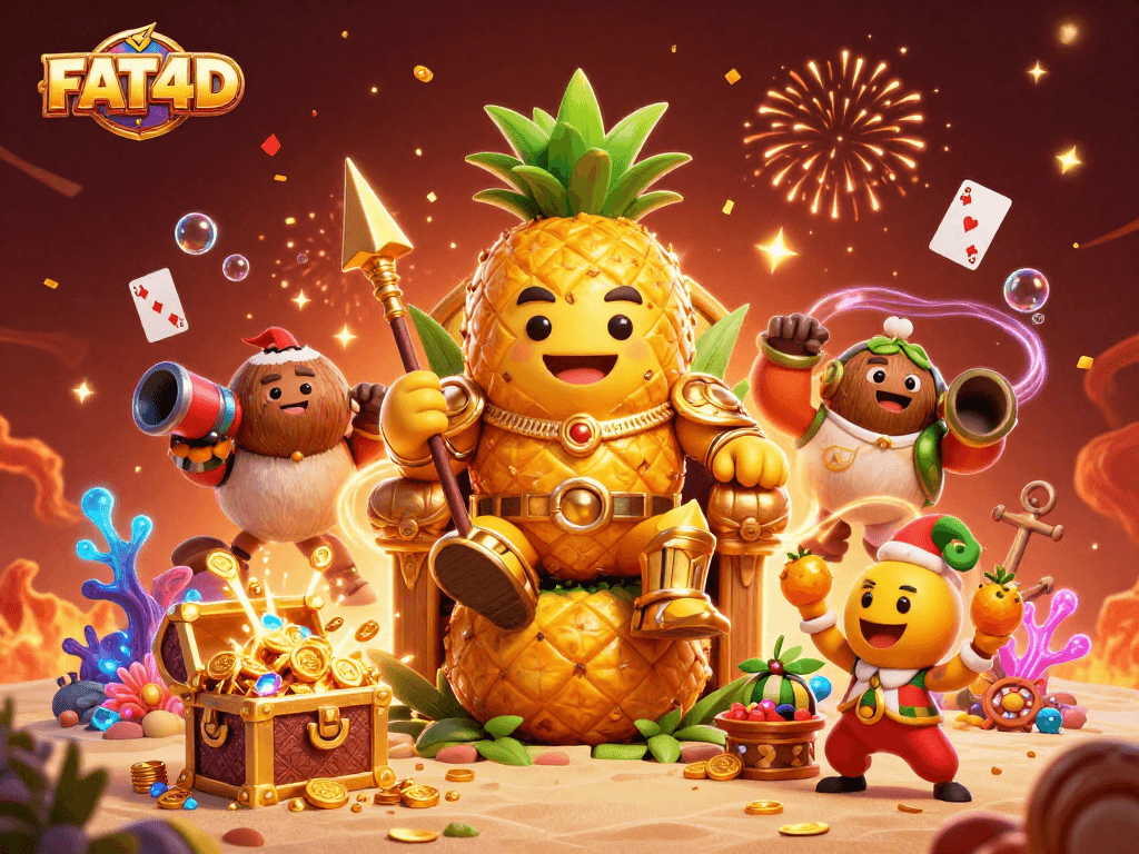 Experience FAT4D's exciting gaming journey with the golden pineapple king among vibrant casino treasures.