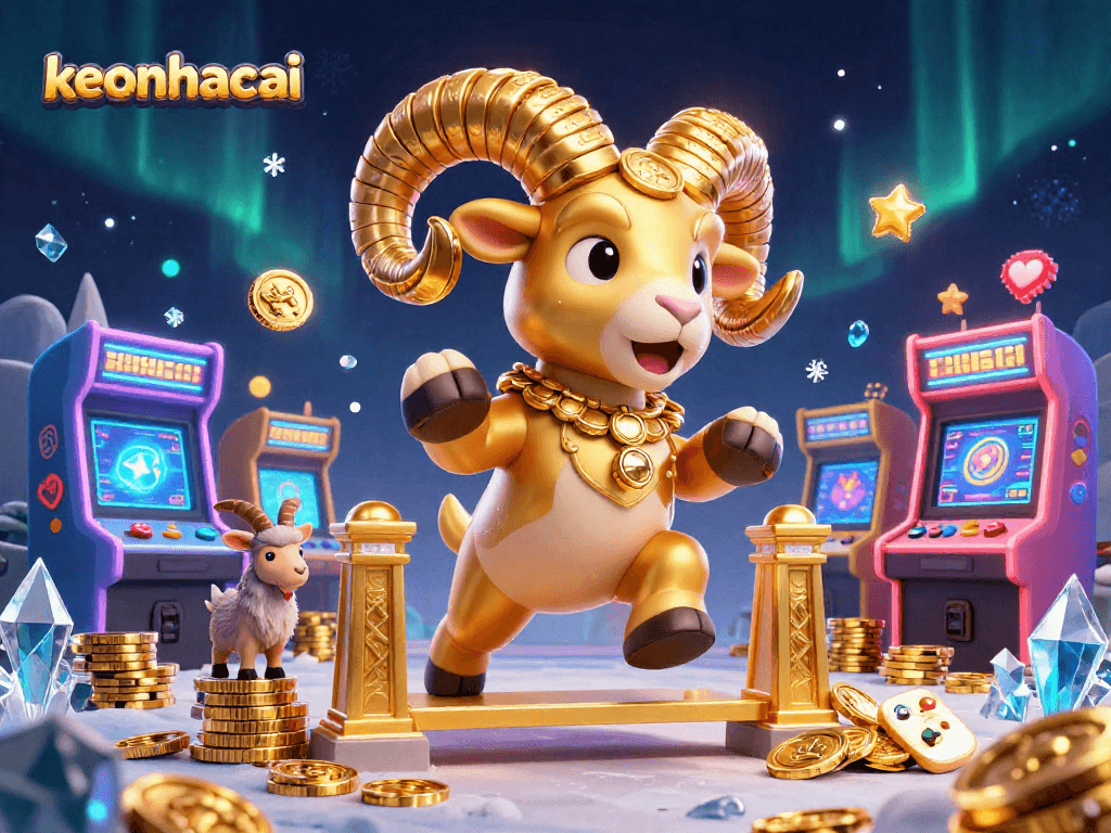 Experience the excitement of keonhacai with this vibrant 3D scene featuring a golden ram and casino elements.