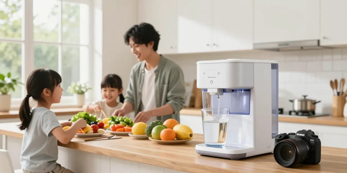 Waterdrop 40 Cup Dual Filter Dispenser providing fresh water in a sunny kitchen.