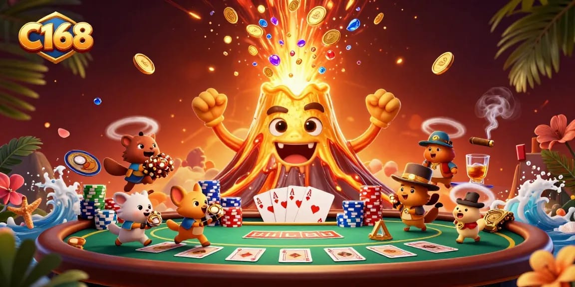 C168 brings thrilling gaming adventures with a towering golden volcano erupting coins and treasure amid an exciting poker scene.