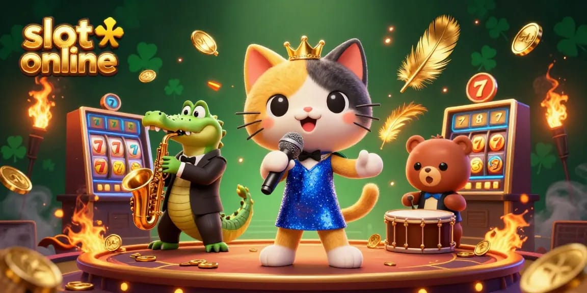 Grafik slot online menampilkan kucing penyanyi jazz, buaya, dan beruang di panggung kasino.