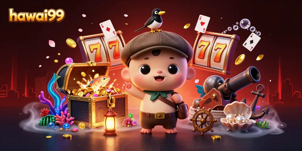 Experience hawai99 gameplay with colorful slot reels and our playful characters in a dynamic casino-themed ocean scene.