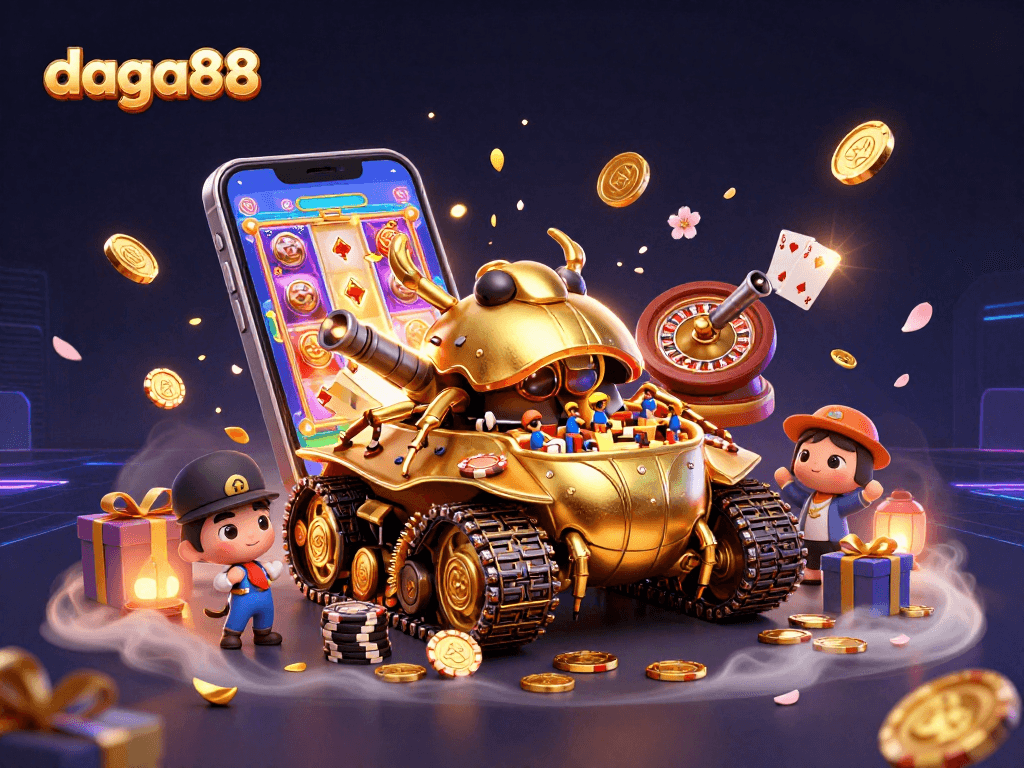 Dive into the action at daga88 with this vibrant casino-themed illustration showcasing a golden beetle tank and casino elements.
