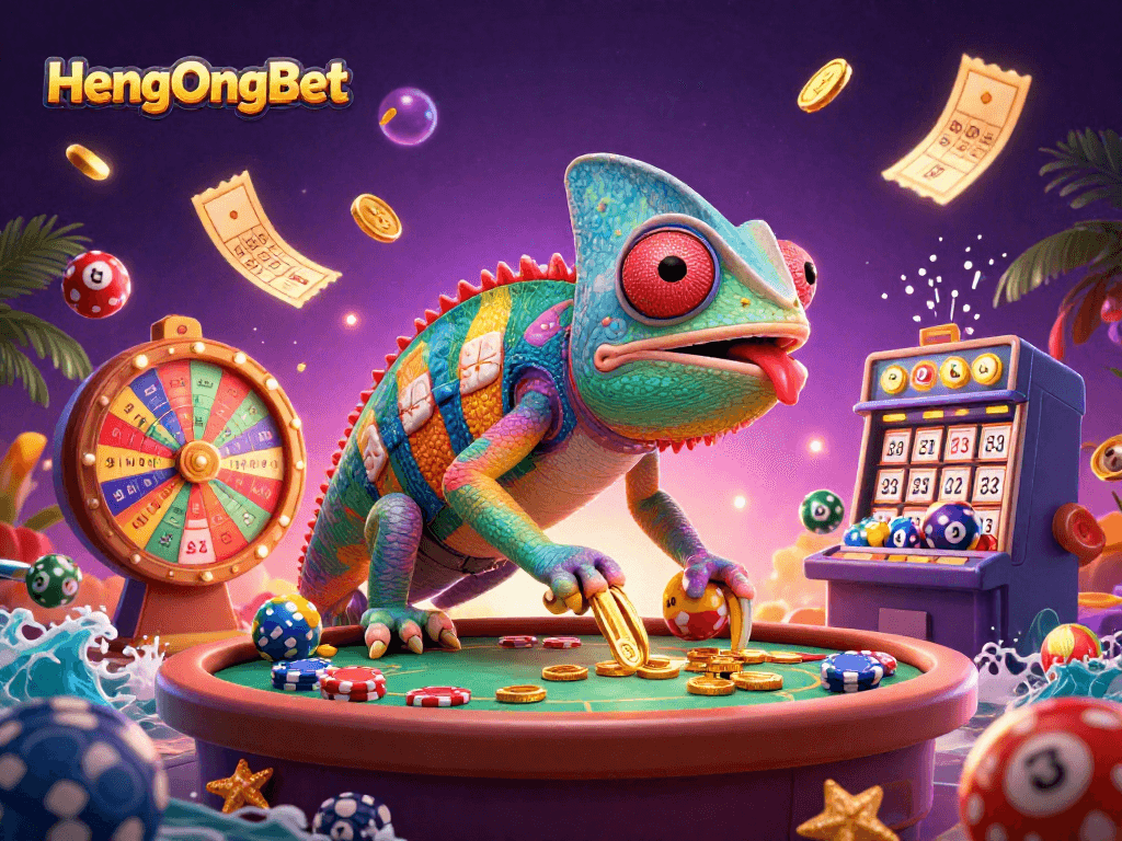 Experience thrilling excitement with HengOngBet as numbered lottery balls and prizes bounce dynamically in a vibrant casino setting.