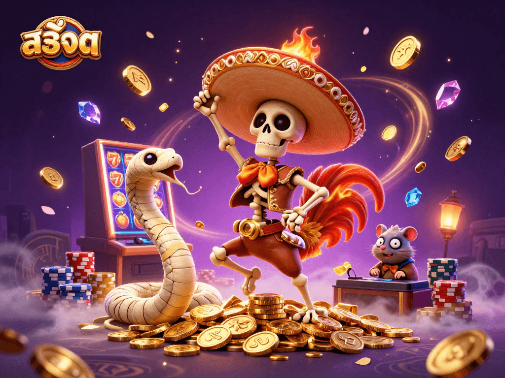 Engage in exciting สล็อต gameplay with a vibrant slot machine and casino-themed characters.