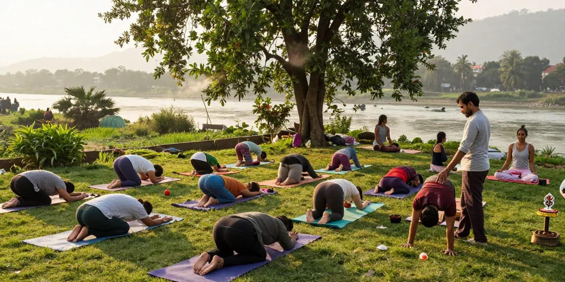 Yoga teacher training in Rishikesh, students practicing yoga outdoors by the Ganges River in serene surroundings.