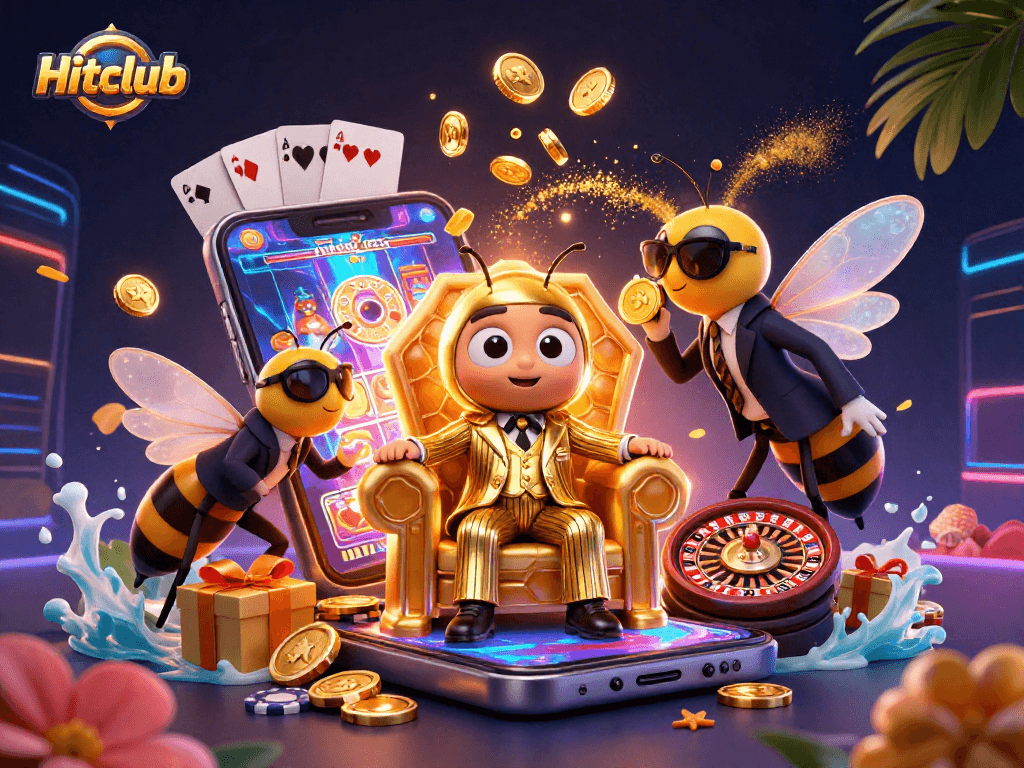 Experience thrilling wins at Hitclub with a vibrant 3D casino scene featuring slots and cards.