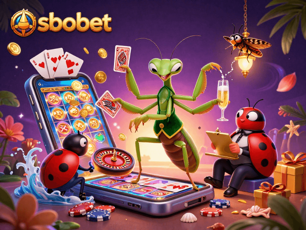 Experience sbobet excitement with vibrant casino elements and lively cartoon characters in this dynamic illustration.