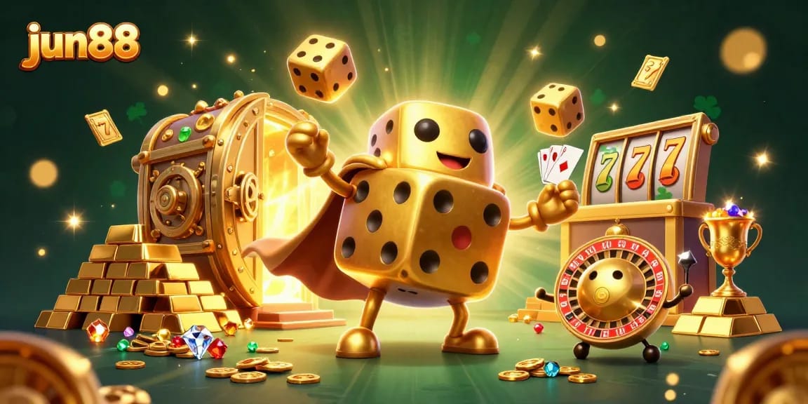 Experience exciting gaming at jun88 with a dynamic 3D casino scene full of golden treasures and slot elements.