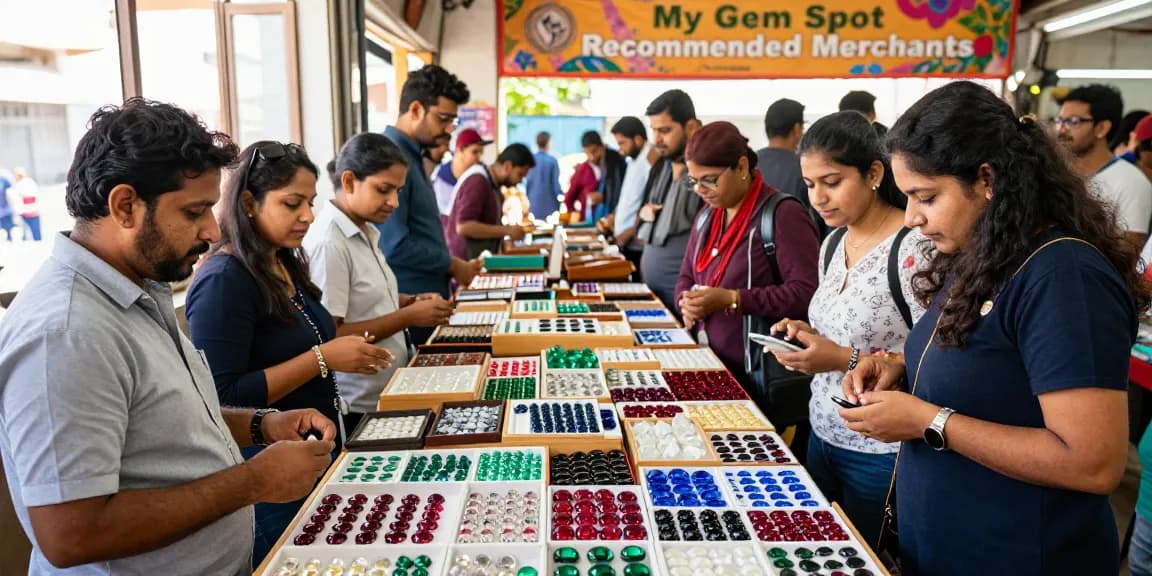 Explore high-quality gemstones at My Gem Spot's vibrant market, featuring diverse merchants and colorful displays.