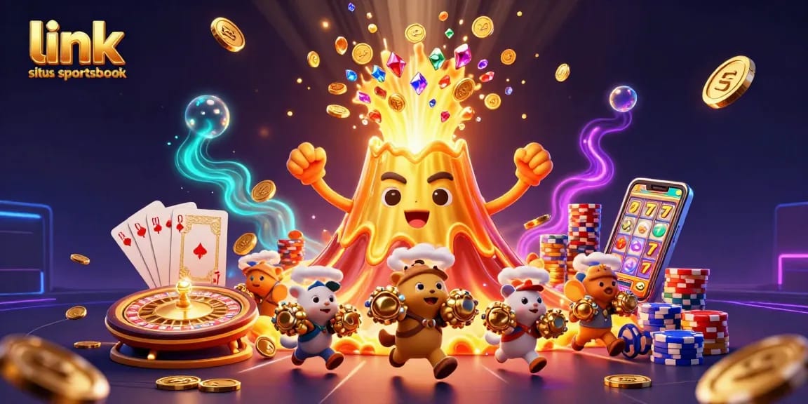 Experience the thrill of betting at the link situs sportsbook with a vibrant 3D casino scene filled with excitement.