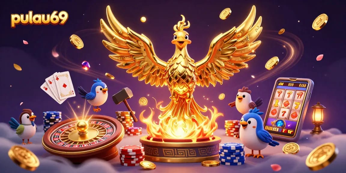 Experience the thrill at pulau69 with a golden phoenix amid swirling casino symbols and vibrant colors.