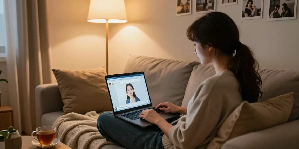 Engaging conversation with AI girlfriend in a cozy living room setting.