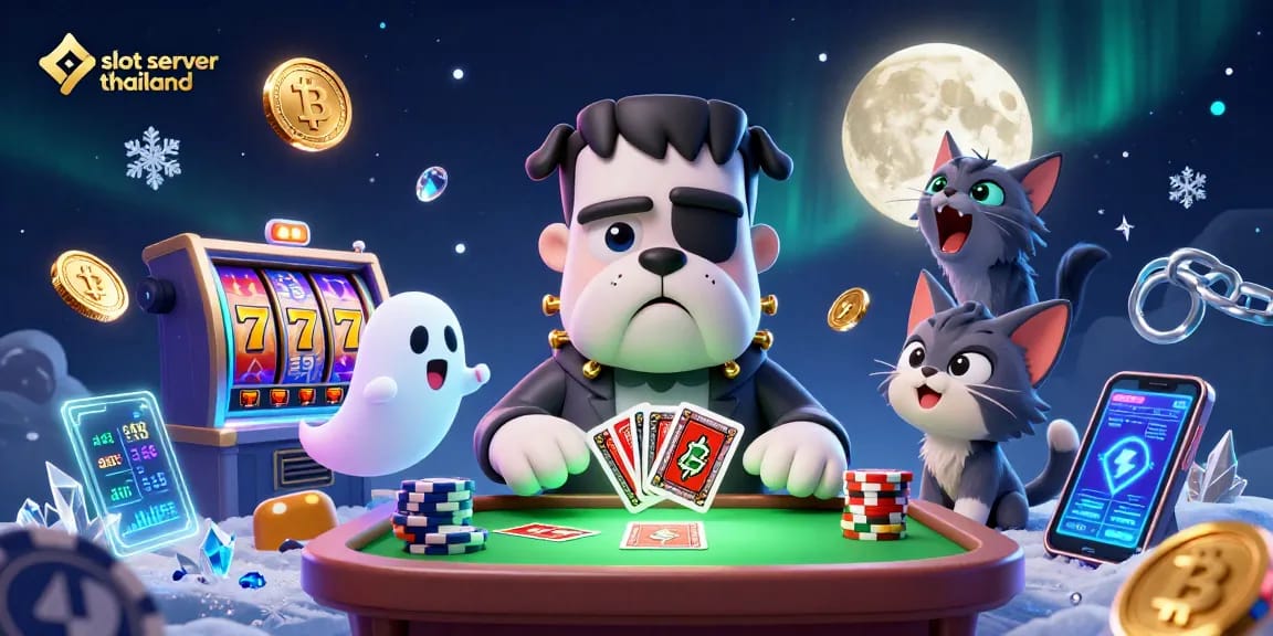 Experience slot server thailand with a fun cartoon scene featuring unique characters and casino elements.