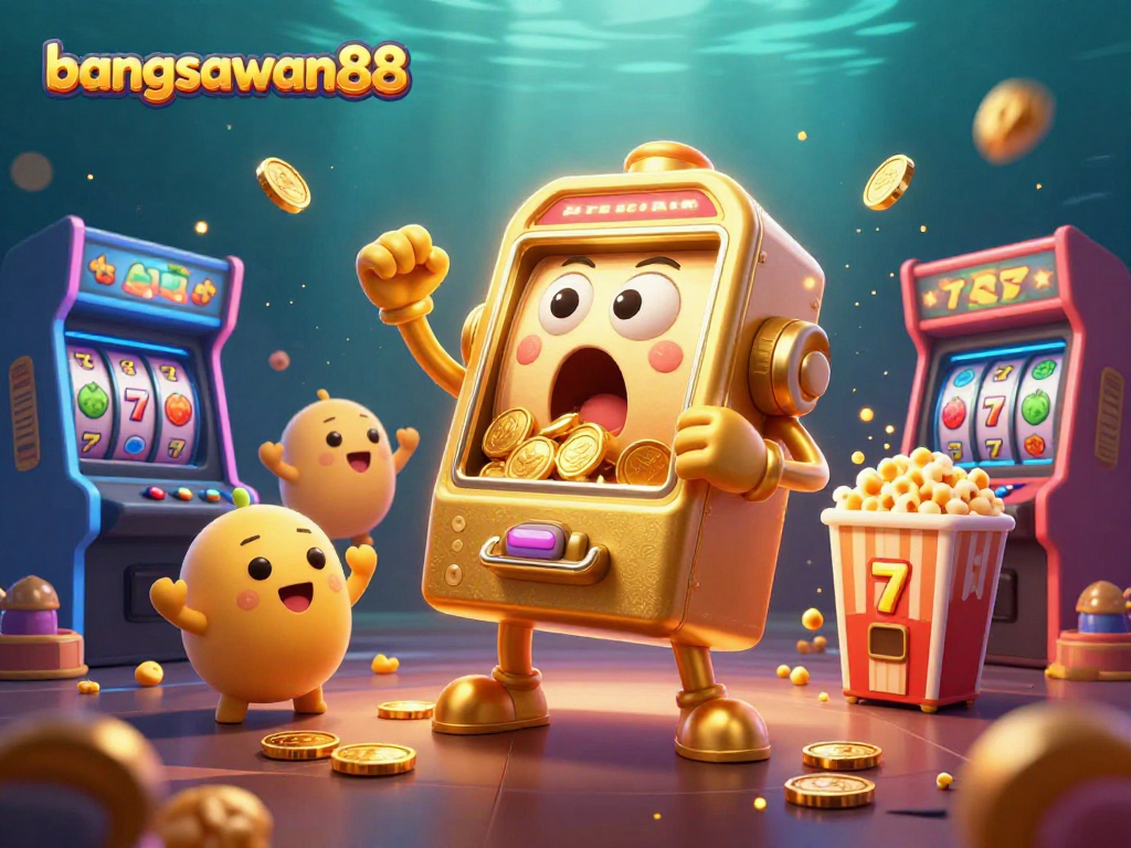 Experience the excitement of bangsawan88 as a golden slot machine hits a jackpot, surrounded by cheering mini slot machines and colorful gaming elements.