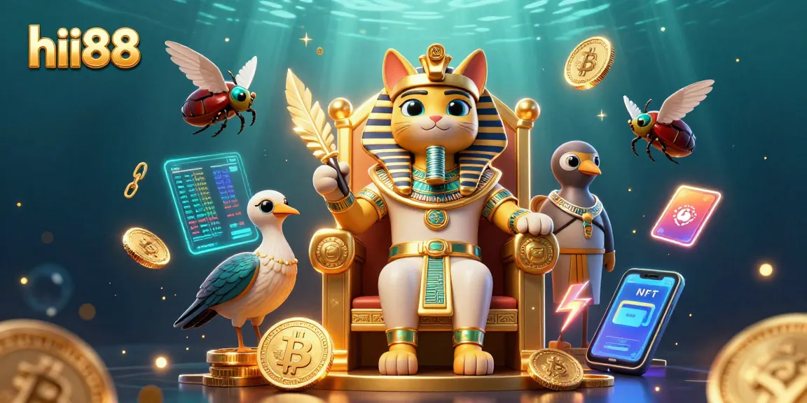 Experience the thrill of gaming with hii88, featuring a vibrant pharaoh cat surrounded by crypto elements and rich casino details.