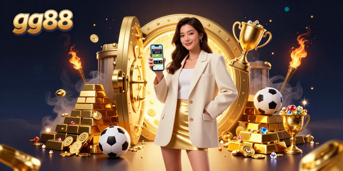 Engaging gg88 sports betting scene with an Asian woman and a golden trophy symbolizing winning strategies.