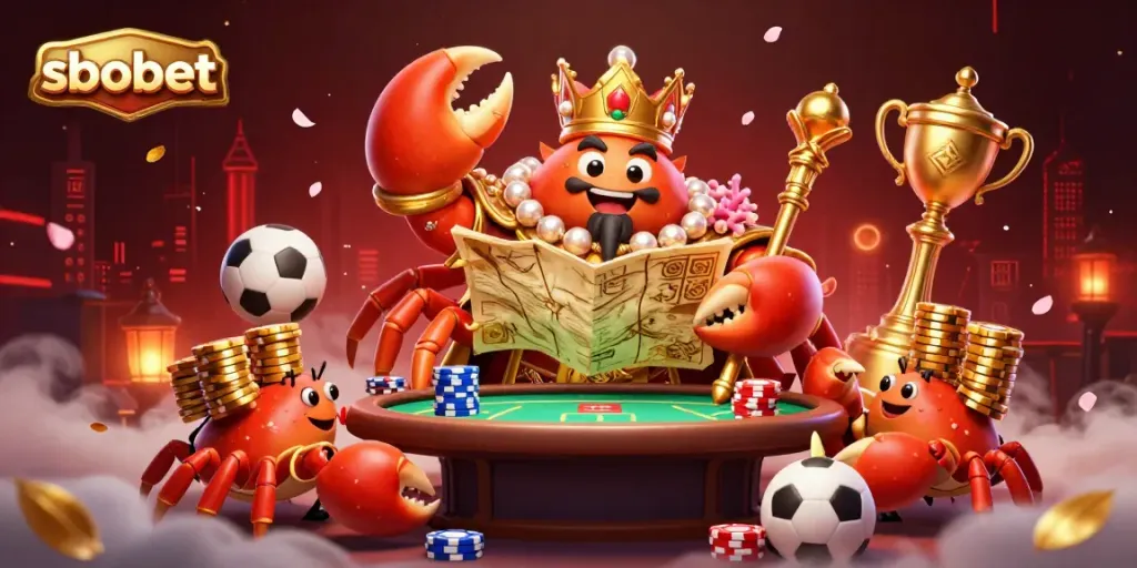 Exciting sbobet illustration with a golden crab emperor and dynamic sports betting elements.