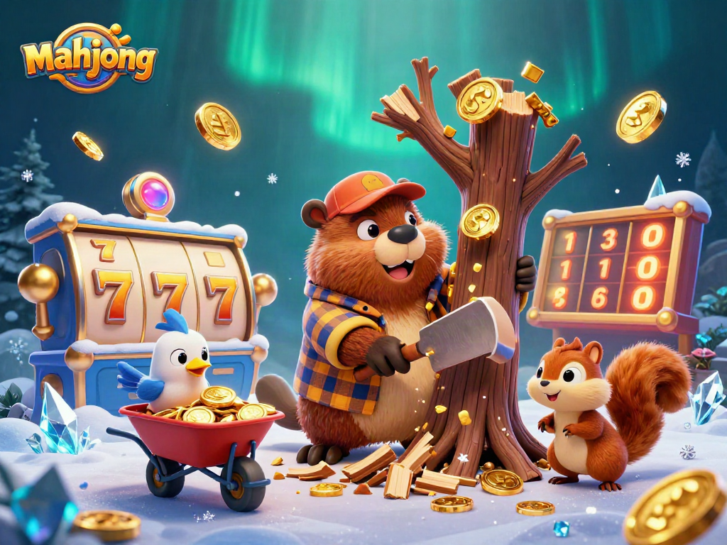Engage in mahjong action amidst a colorful casino scene featuring lively cartoon characters.