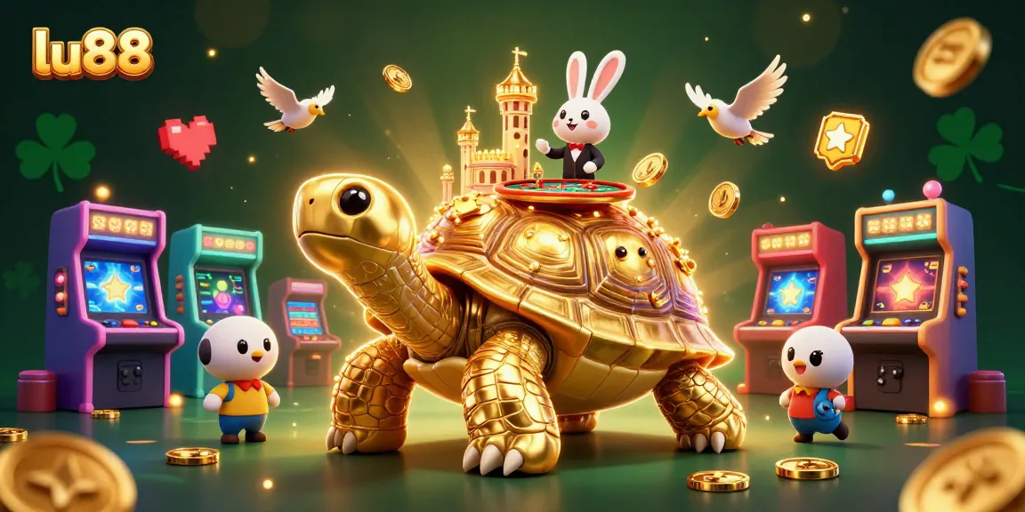 Experience the excitement at lu88 with a vibrant 3D casino scene featuring golden tortoise and rabbit dealer.