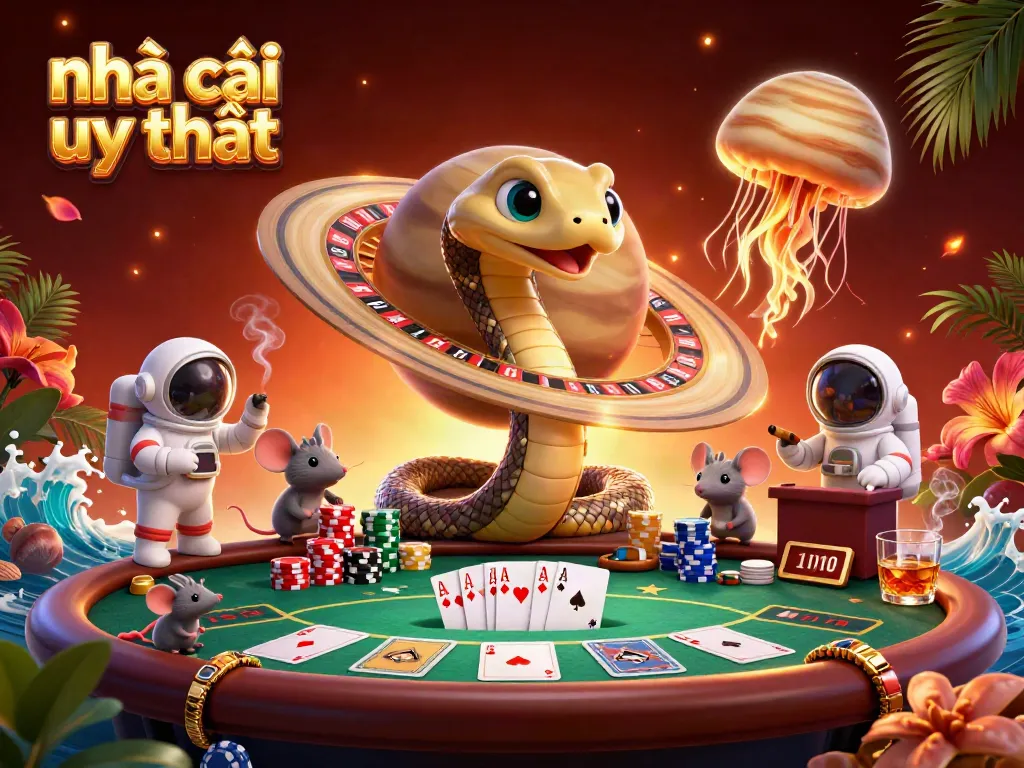 Engaging scene of tiny astronaut mice betting on Saturn ring roulette at a nhà cái uy tín.