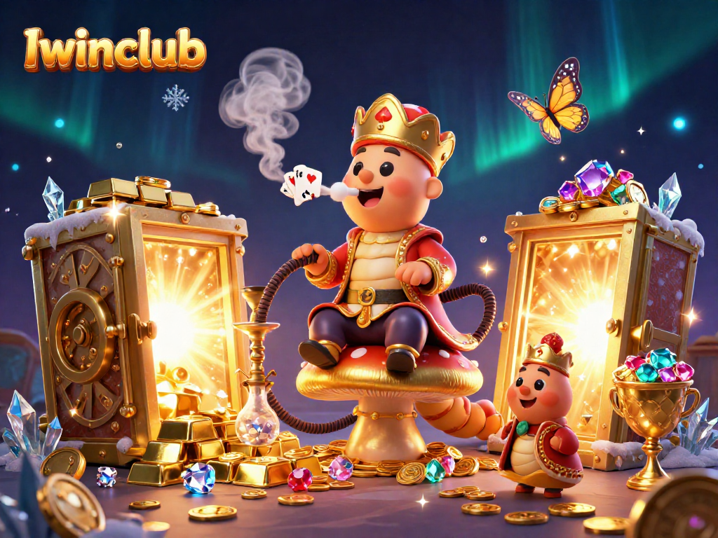 Iwinclub showcases a captivating 3D casino scene featuring vibrant characters and sparkling gems.