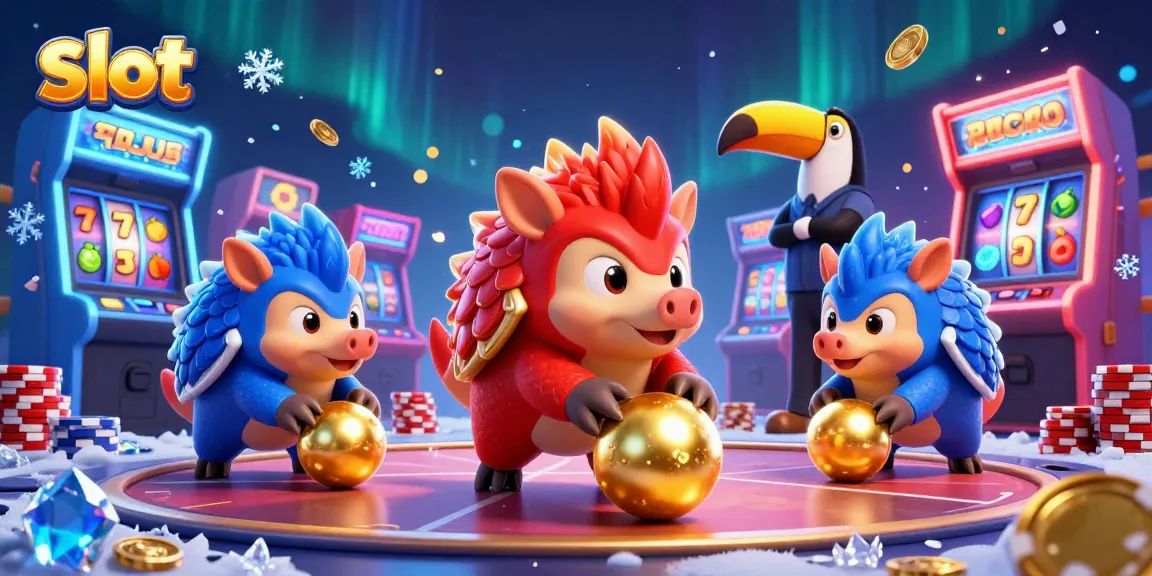 Menangkan slot dengan pangolin rol dan mesin slot berwarna-warni, merayakan permainan kasino.