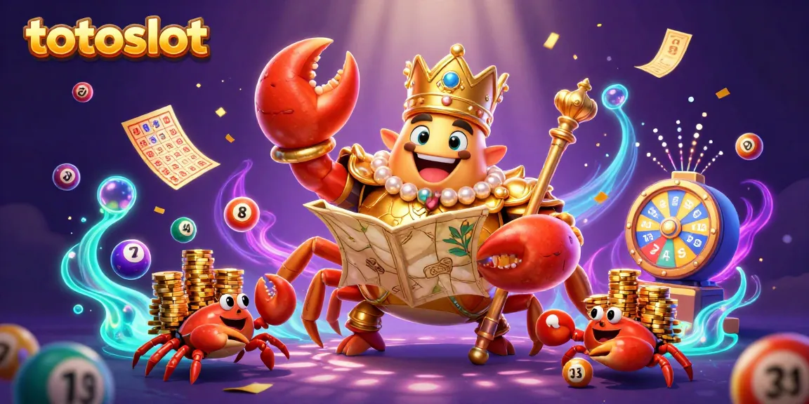 Totoslot showcases vibrant underwater gaming scene with a golden crab emperor and lottery elements.