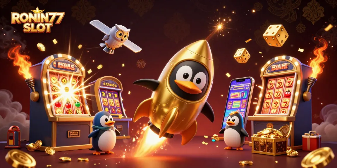 Experience the thrill of RONIN77 SLOT with a dynamic 3D illustration featuring a golden penguin and explosive jackpots.