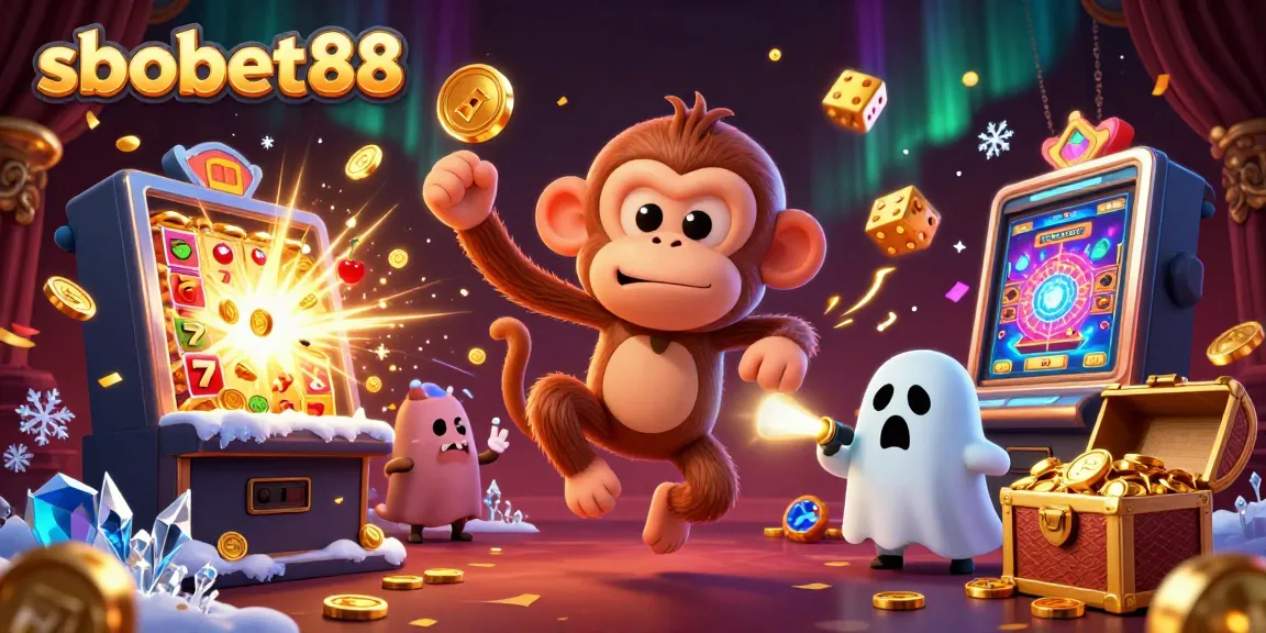 Experience thrilling sbobet88 gameplay with a mischievous poltergeist monkey in vibrant casino chaos.