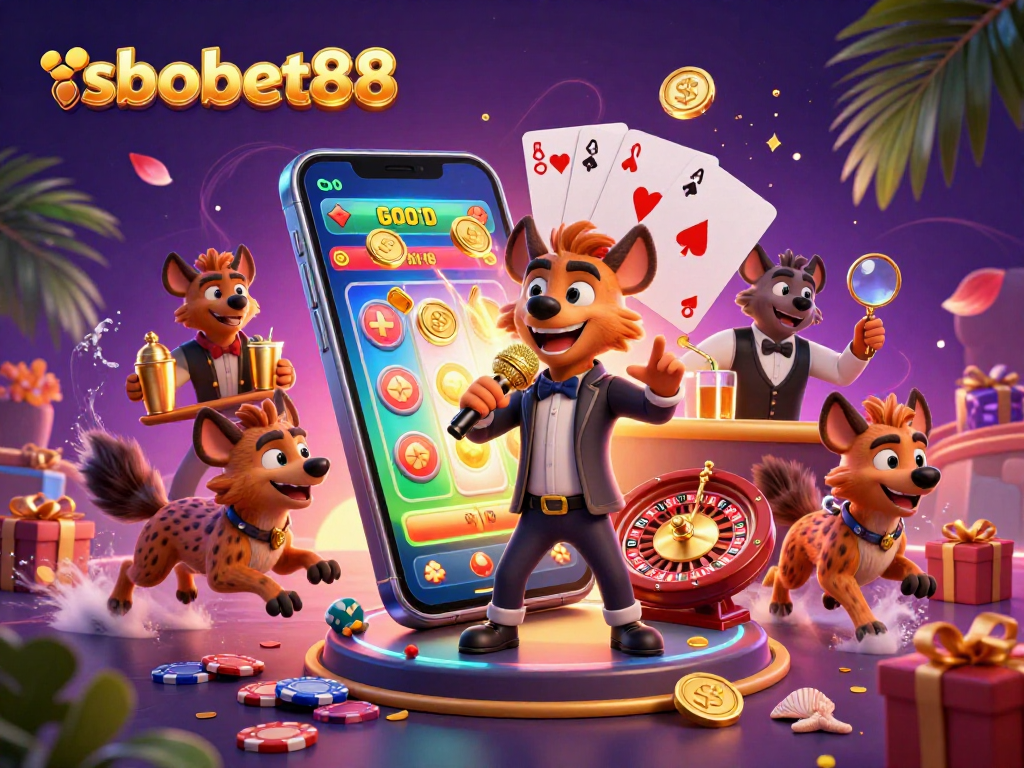 SBOBET88 showcases exciting sports betting in a dynamic scene with vibrant casino elements.