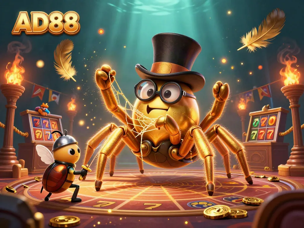 Experience the thrill of AD88 as a cartoon golden tarantula weaves a web of fortune in a vibrant casino scene.