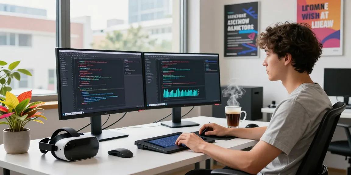 Engaging workspace for NSFW AI development with dual monitors and tech gadgets.