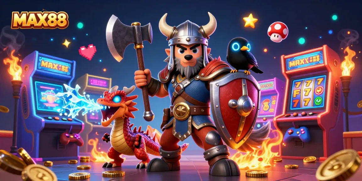 Engage with MAX88's gaming thrill, featuring dynamic characters and colorful casino elements in one immersive scene.