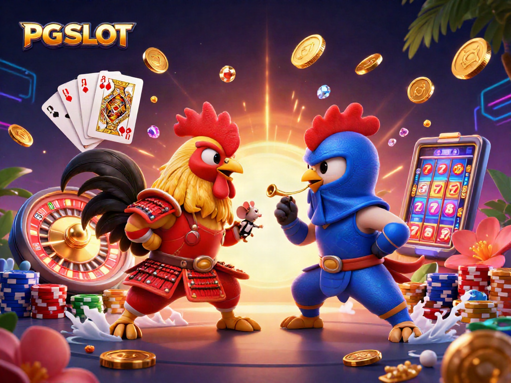 Compete in PG SLOT with dynamic roosters in samurai and ninja gear amidst vibrant casino elements.