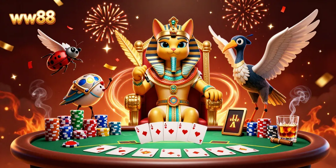 Experience the thrill with ww88 as the Egyptian pharaoh cat and companions celebrate at the poker table.