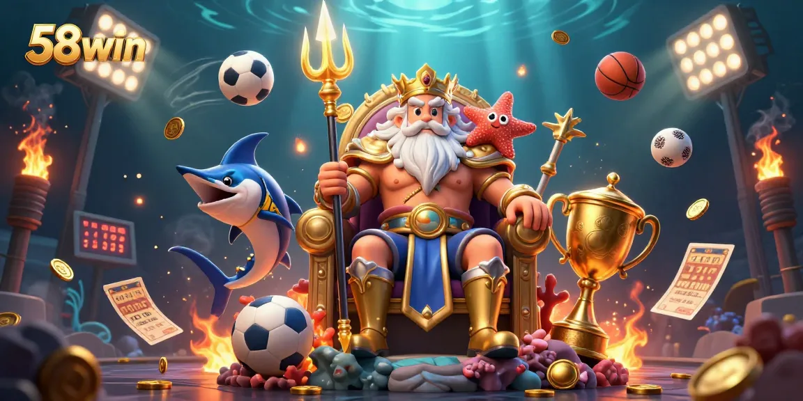 Engage in thrilling gaming action with 58win, illustrated with colorful sports elements and characters.