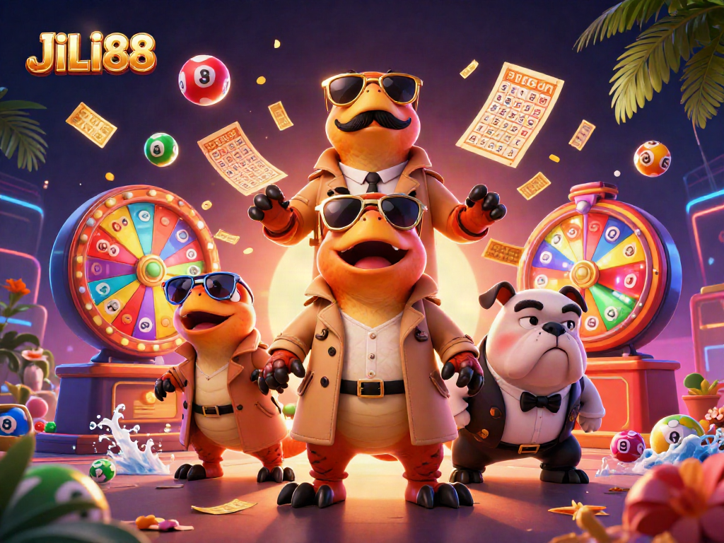 JILI88 raptors trying to enter a VIP casino lounge with lottery elements and vibrant visuals.