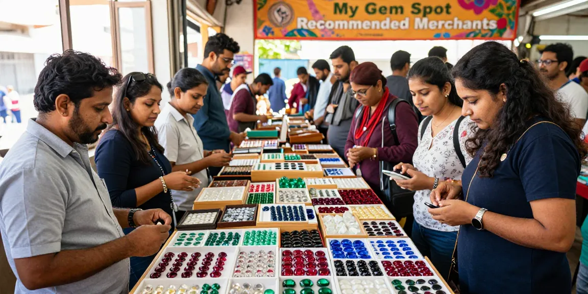Explore high-quality gemstones at My Gem Spot's vibrant market, featuring diverse merchants and colorful displays.