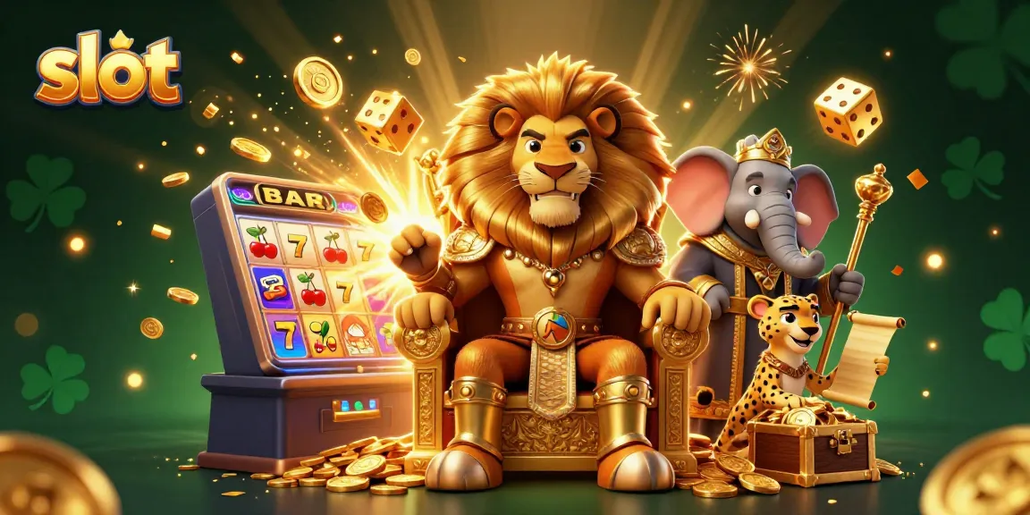 Putaran jackpot slot dengan mesin slot spektakuler dan karakter kasino ikonik di latar belakang.
