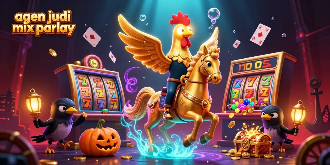 Experience thrilling agen judi mix parlay action with slots, vibrant neon lights, and mystical creatures in the heart of a casino.