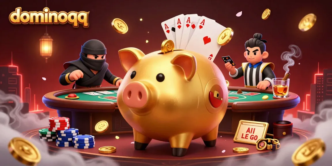 Score big wins at dominoqq with a dynamic casino scene featuring a golden sumo piggy bank and poker elements.