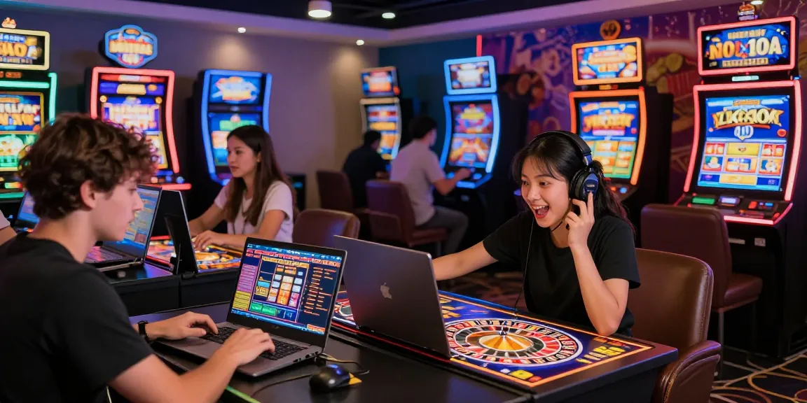 Engaging scene of players exploring new online casinos on laptops and mobiles, showcasing a vibrant casino atmosphere.