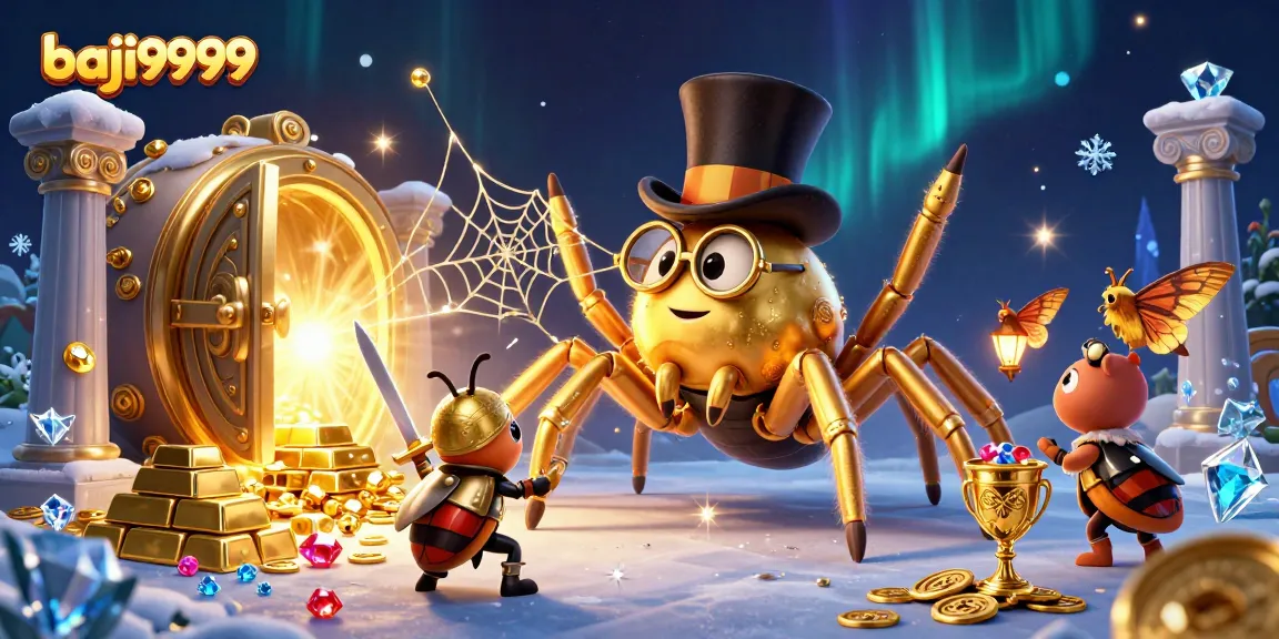 Baji9999 brings excitement with a golden tarantula and beetle knight in an engaging casino scene.